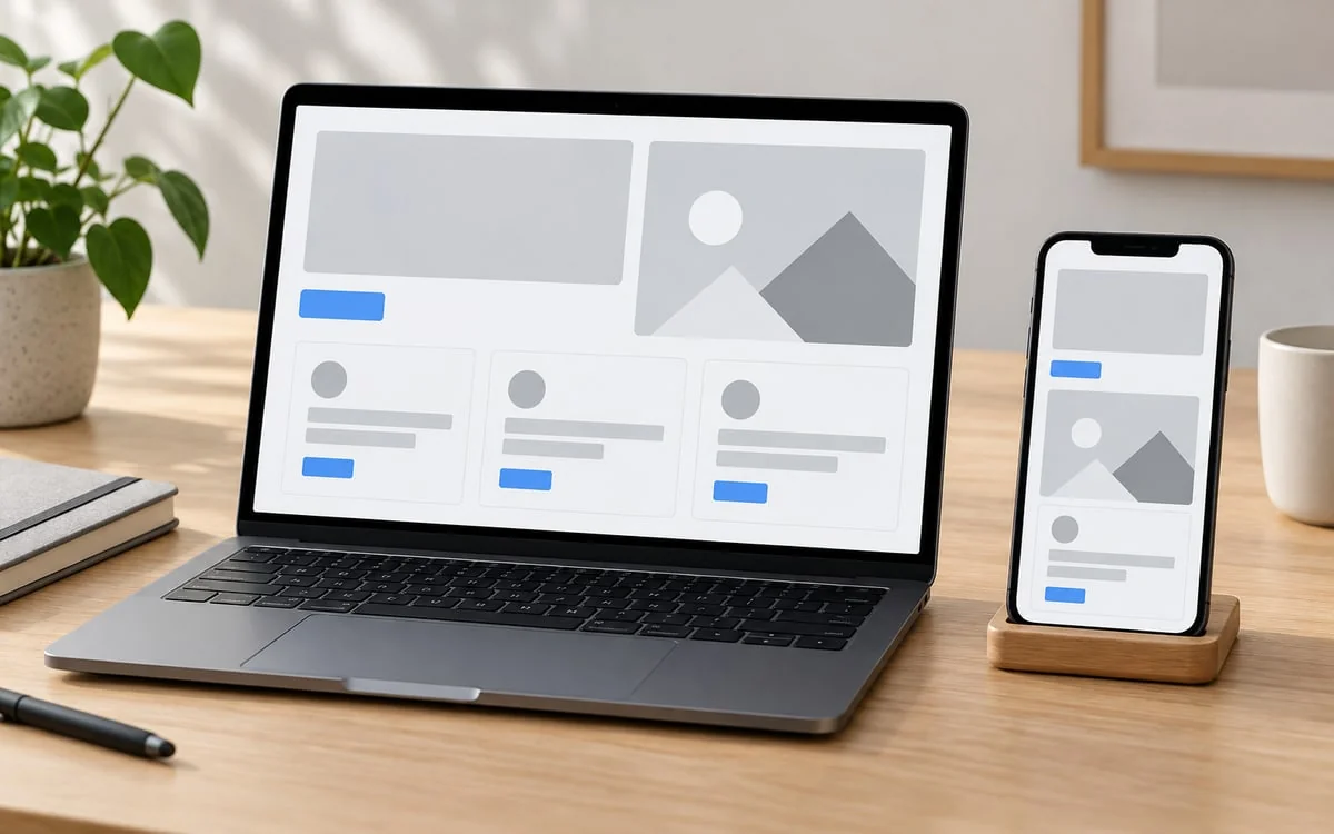 A laptop and phone showing abstract responsive wireframes on a wooden workbench.