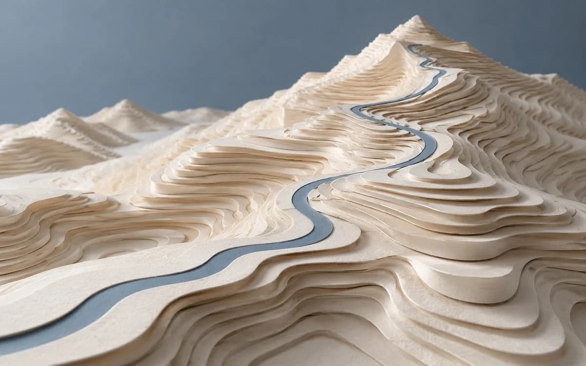 A blue path rising through a layered paper terrain model with contour lines.