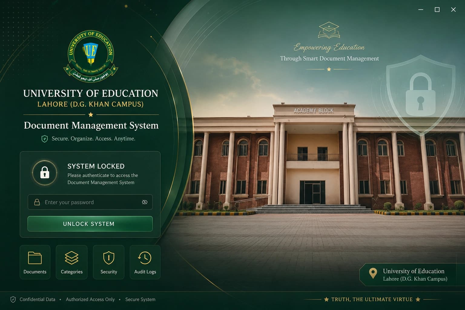 Lock screen of the Document Management System built for the University of Education, Lahore, D.G. Khan Campus