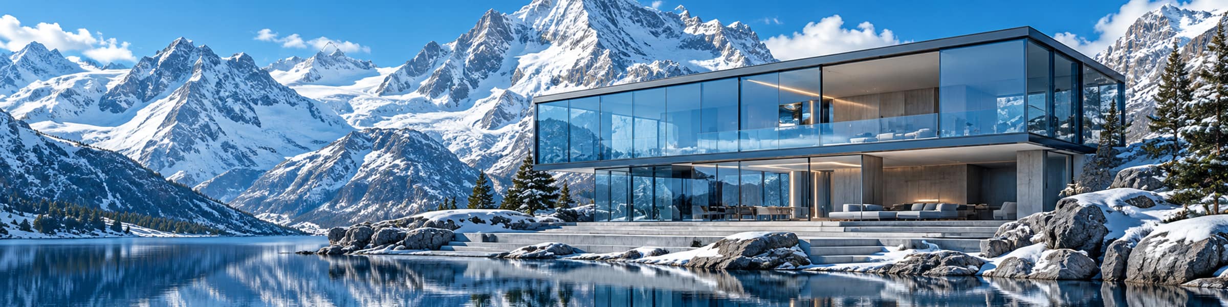 A contemporary glass building beside an alpine lake under a bright blue sky.