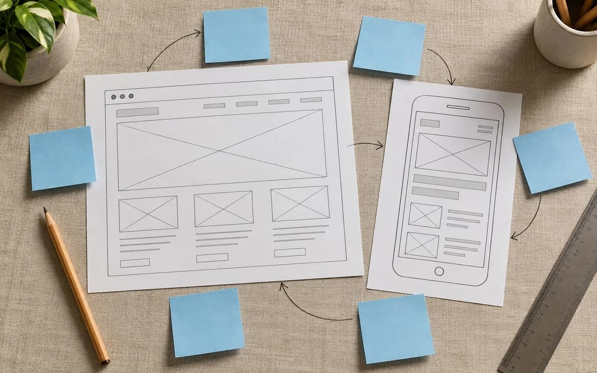 Paper desktop and mobile wireframes linked by pencil arrows and blank blue sticky notes