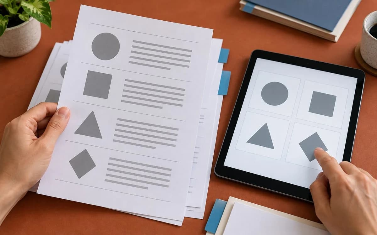 Hands comparing abstract document shapes with answer cards on a tablet