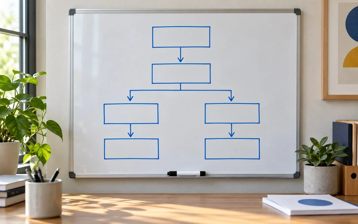 A blue flowchart with unlabelled branching steps drawn on a whiteboard