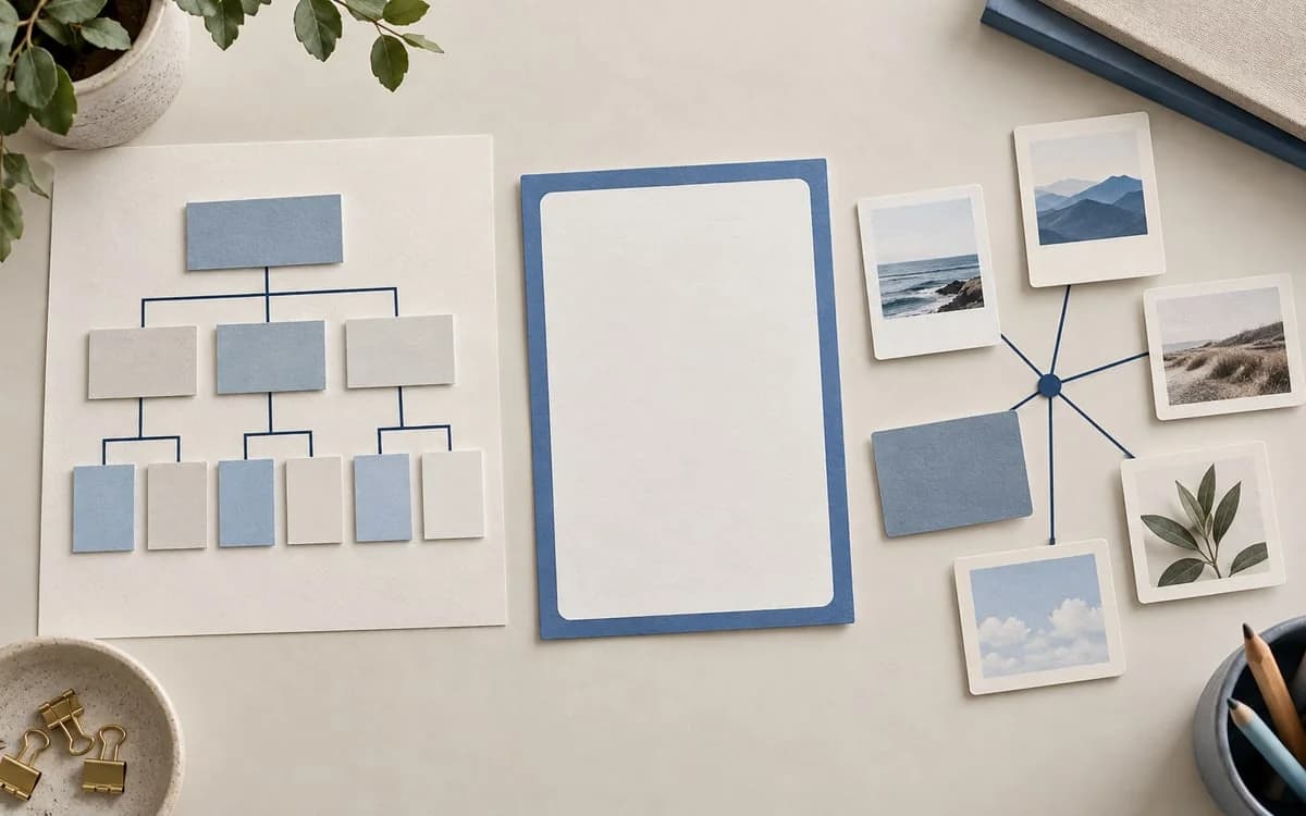 Three abstract paper studies showing a site map, an answer card and connected source cards