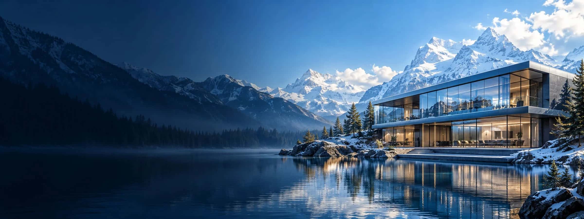 A glass pavilion on an alpine lake, with snow mountains and blue sky behind it.