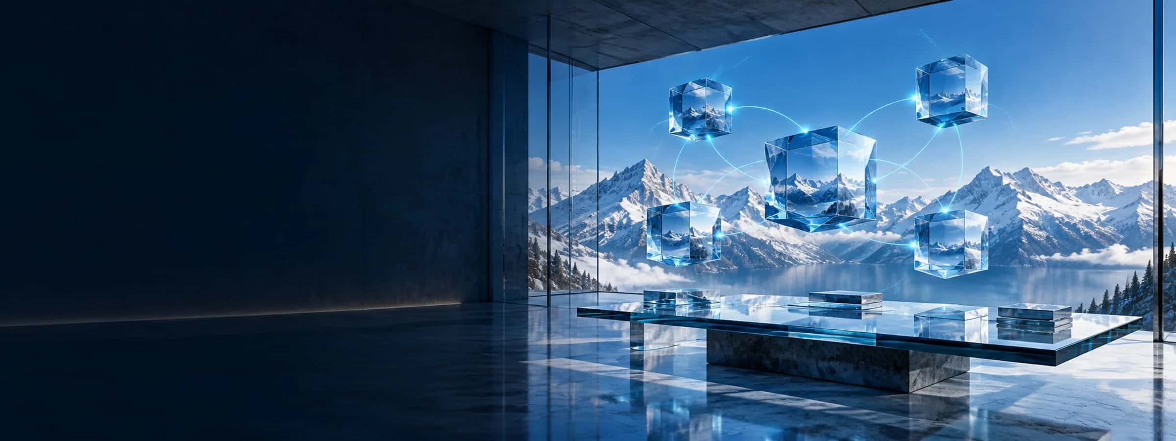 Blue light paths joining glass architectural structures beside snow mountains.