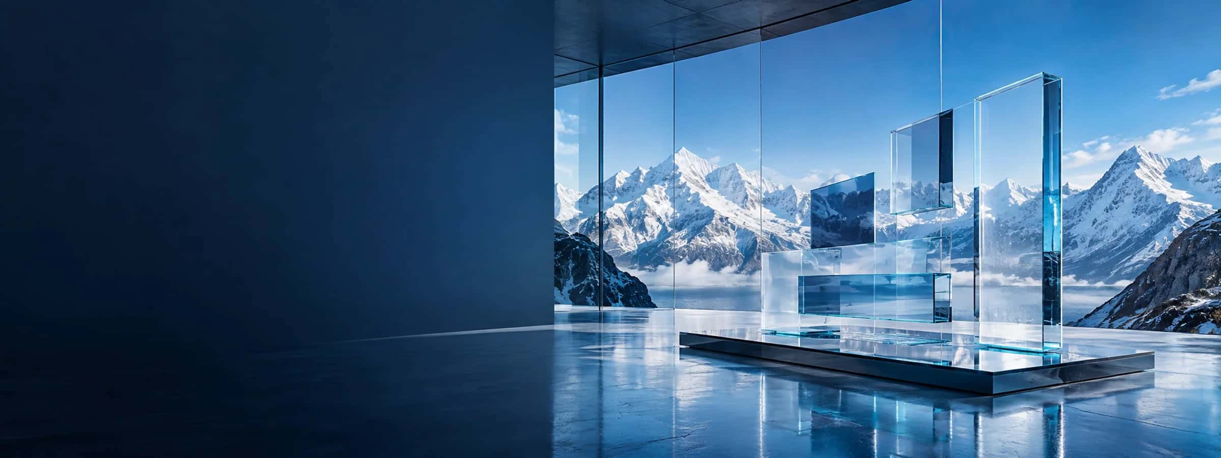 Translucent blue interface panels in a contemporary mountain-view glass studio.