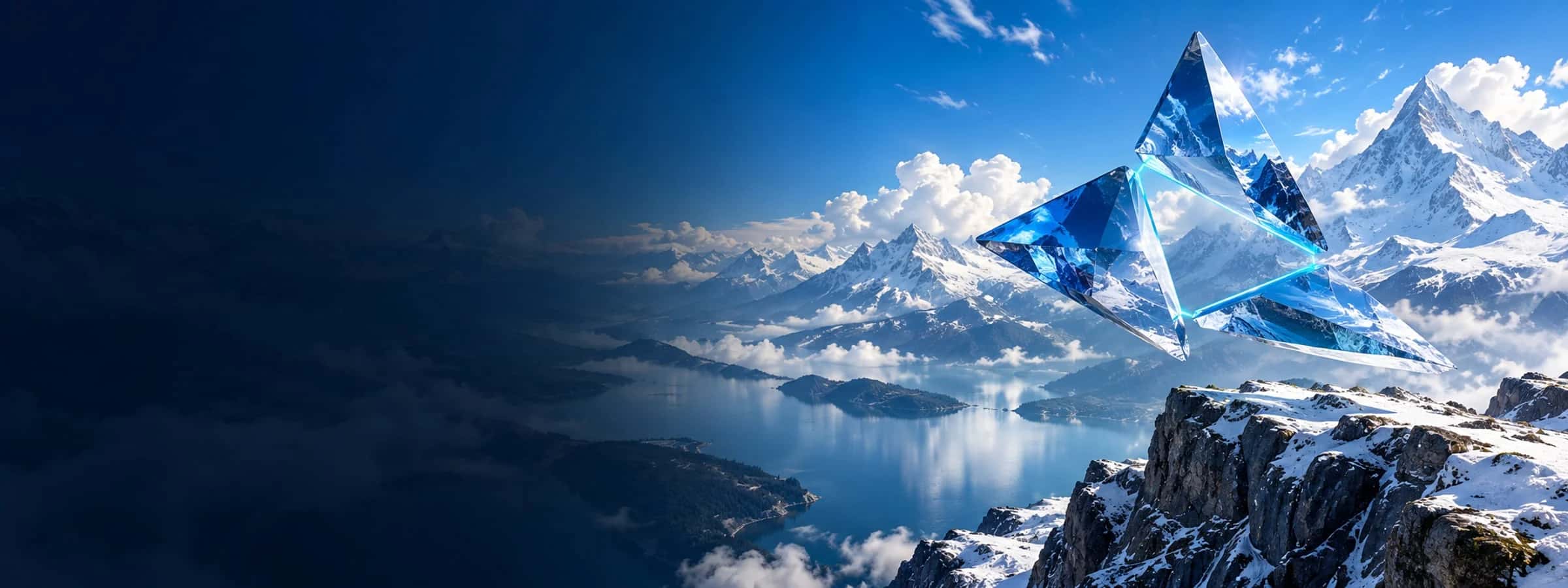 Clear blue glass forms set against snowy mountain peaks and a bright sky.