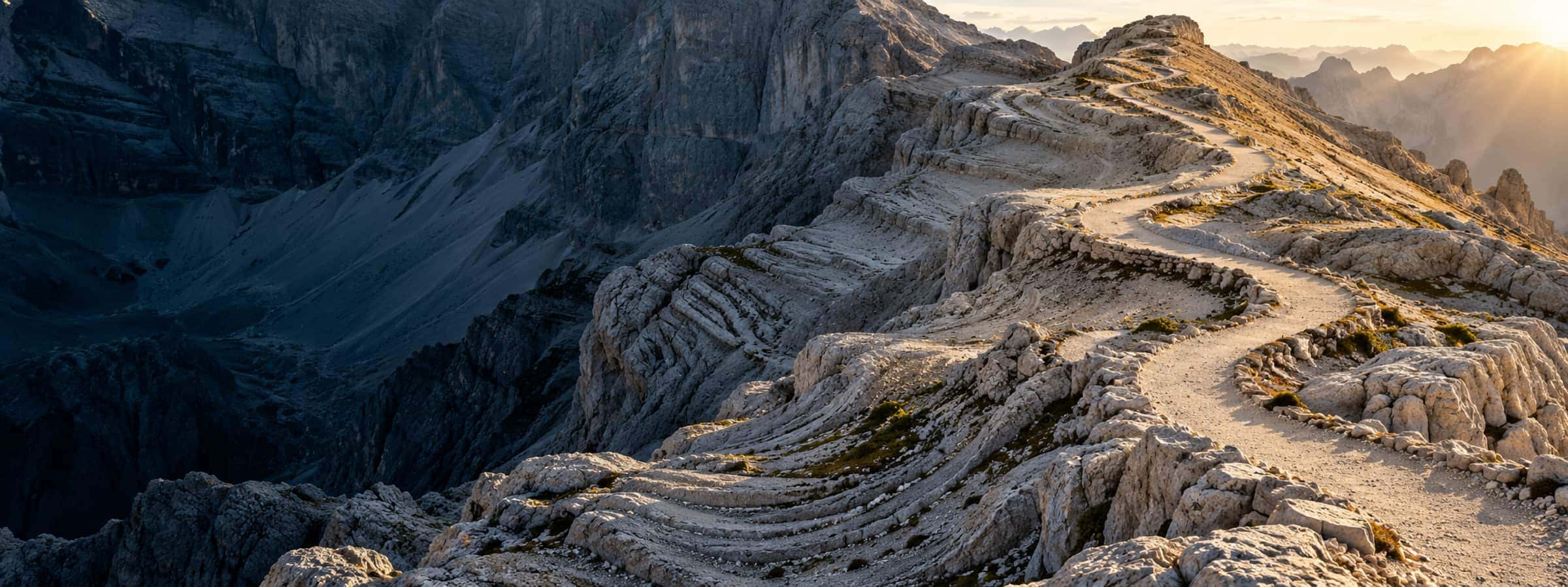 An ascending path winding through pale rocky terrain toward daylight.