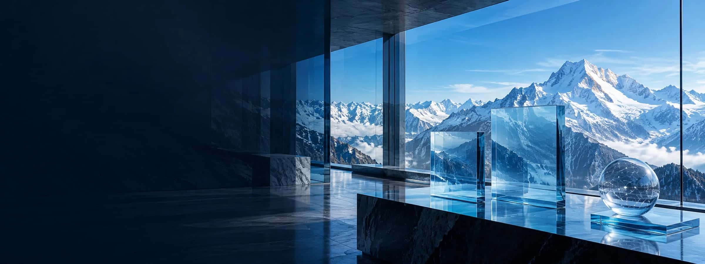 Abstract interface panels in a blue glass studio overlooking snow mountains.