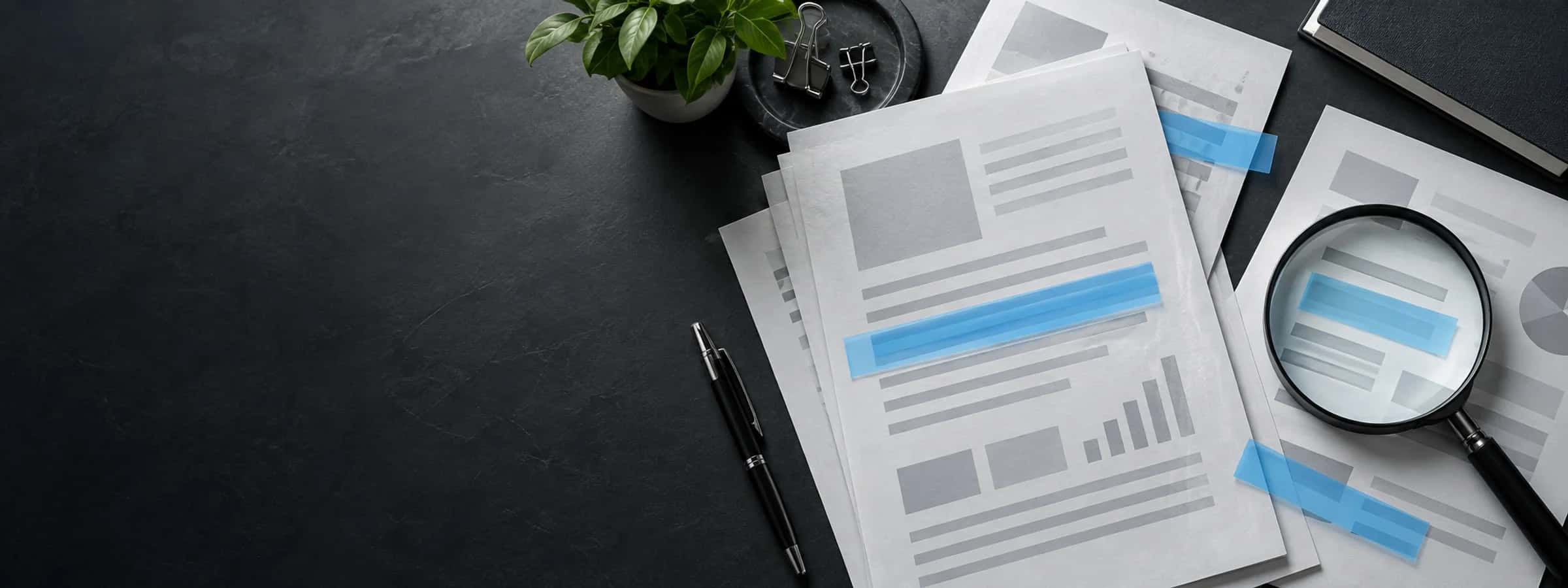 Abstract source documents with blue highlight strips and a magnifying lens on a dark table.